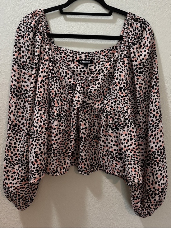 Express Tops - Express Pink Leopard Print Tie Front Peplum Blouse Size XL